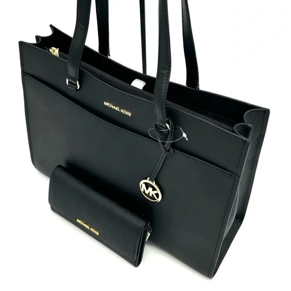 Michael Kors Large MF Pocket Shoulder Tote Bag & Trifold Wallet Black/Gold